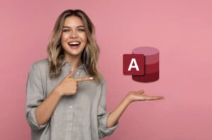 Female pointing at Microsoft Access icon